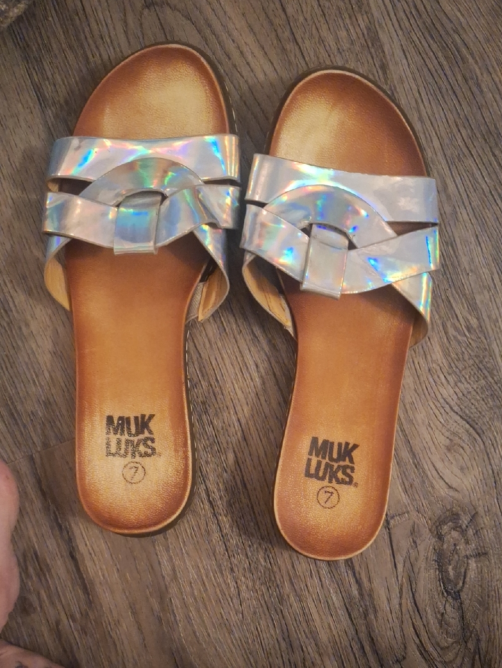 Muk Luks Iridescent Holographic Slide Sandals - Tan Footbed